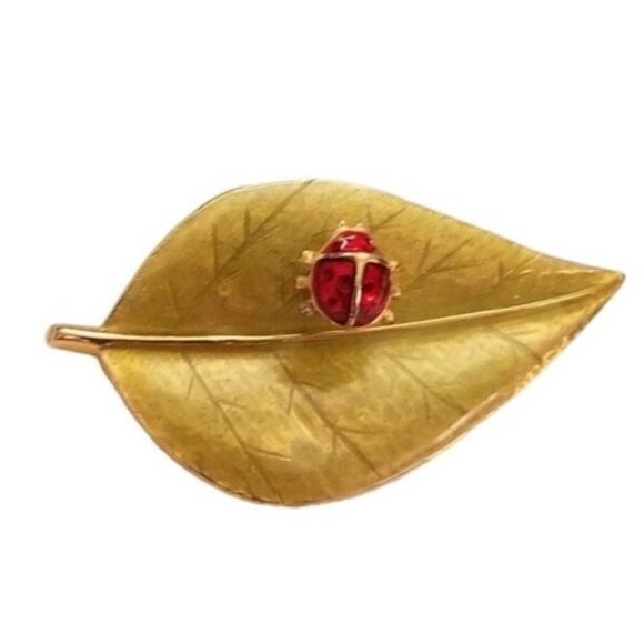 LIA Green Enamel Leaf Lady Bug Trembler Brooch Pin, Signed L72 - Picture 10 of 10